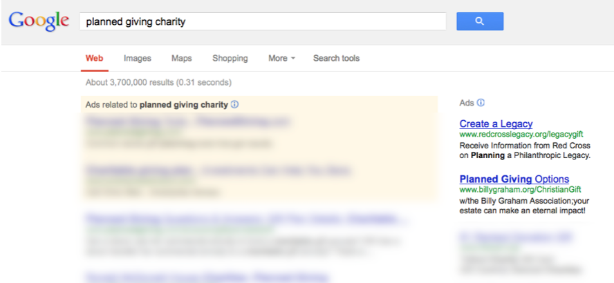 Planned giving ad on Google Adwords